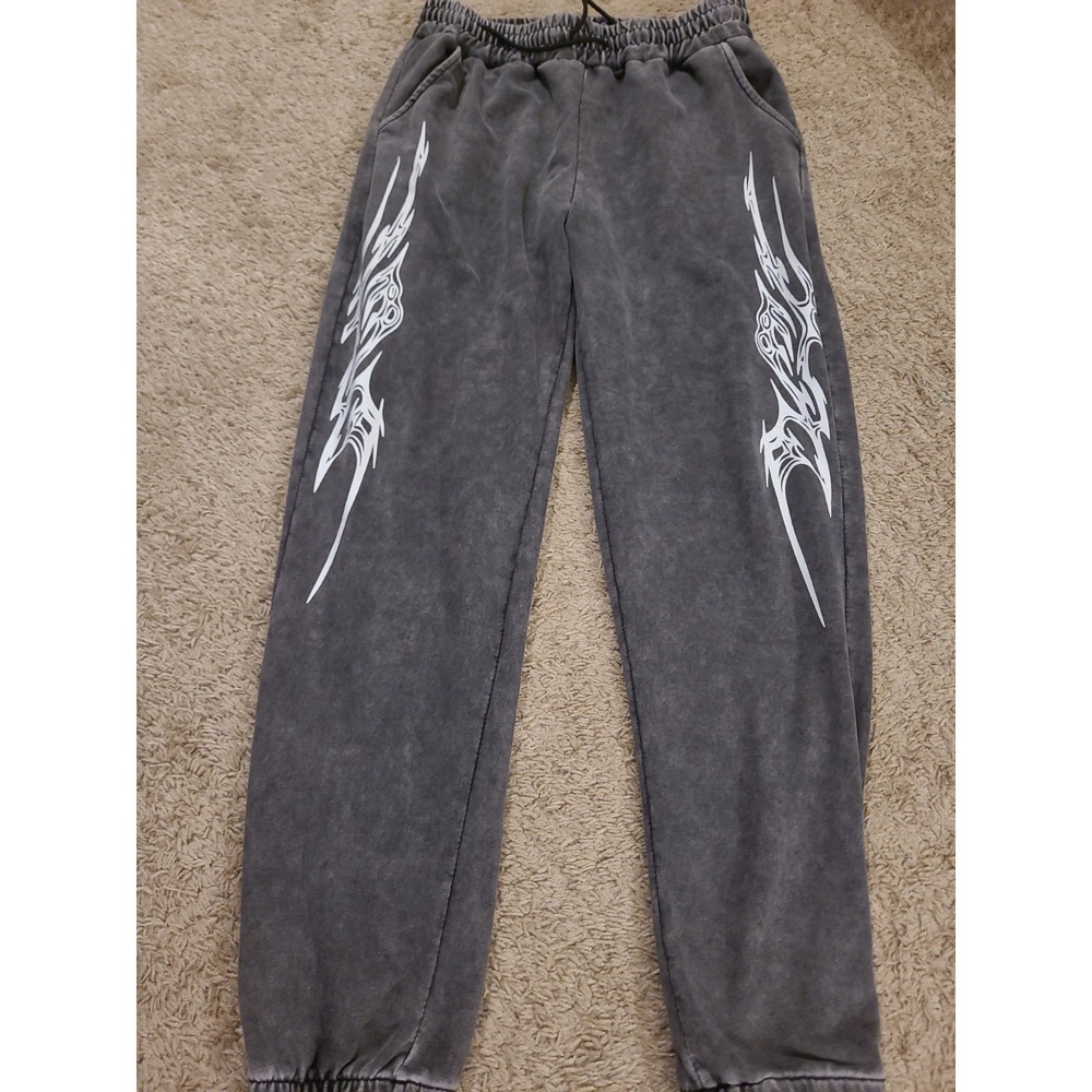 ZZG acid wash grey Y2K tribal graphic sweatpants. Size Medium